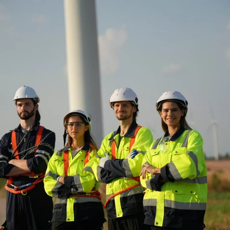 Sustainable energy industry - Engineers working at alternative renewable wind energy farm