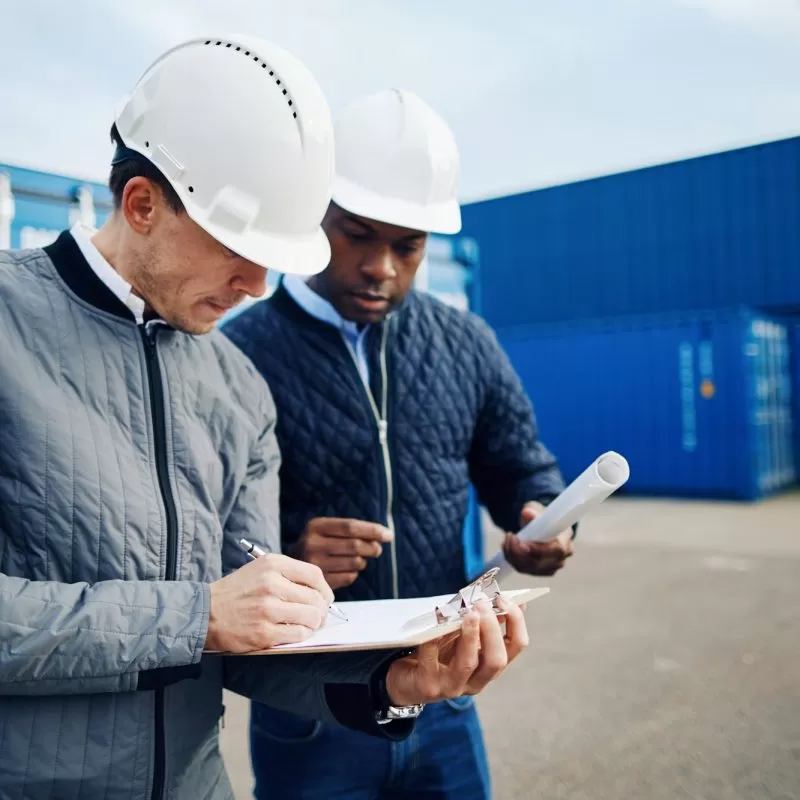 Two engineers standing in a shipping yard discussing logistics